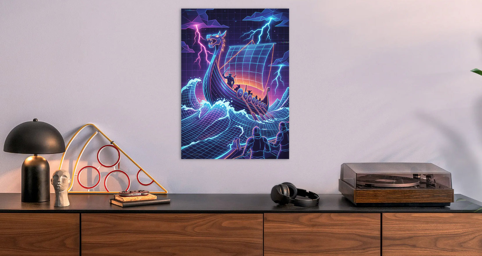 Retro Viking Ship in Digital Art — metal poster wall art by Lineer